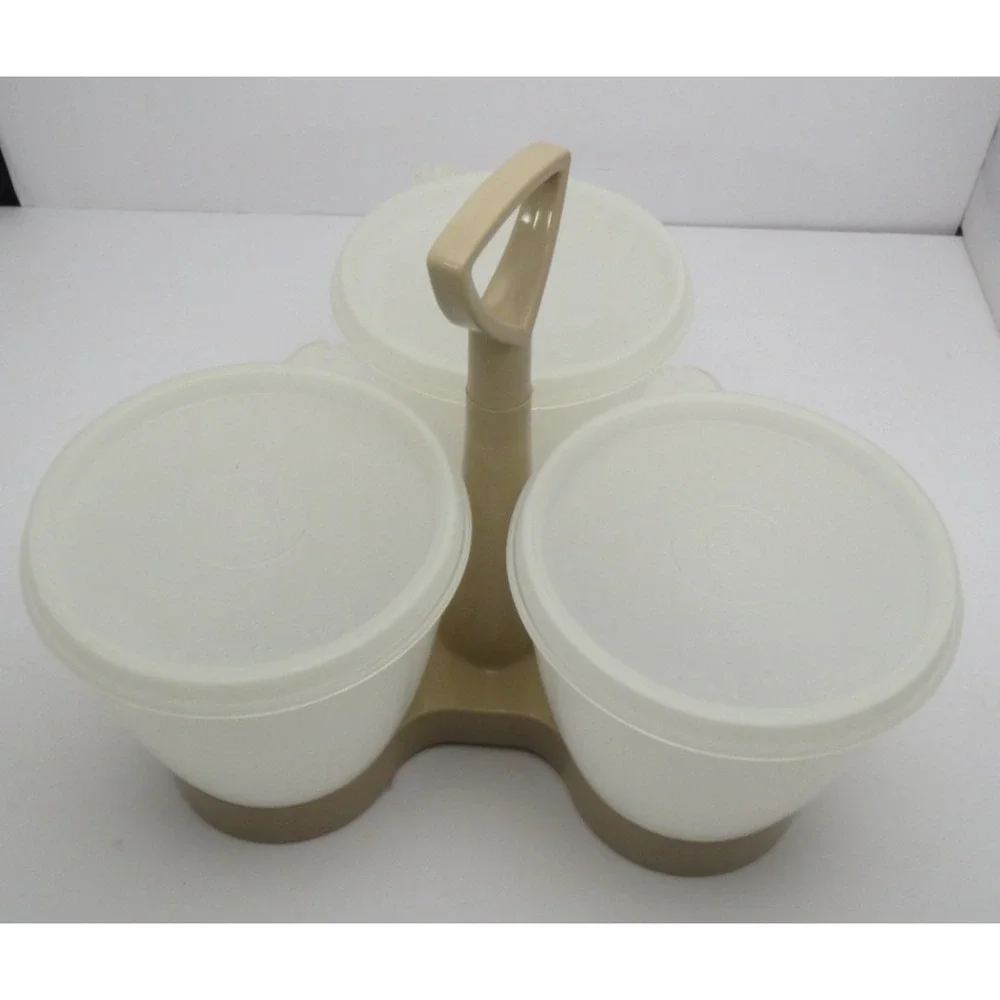 Tupperware 3 Condiment‎ Caddy Server Set with Tupper Seal Lids Tan 758 Vintage